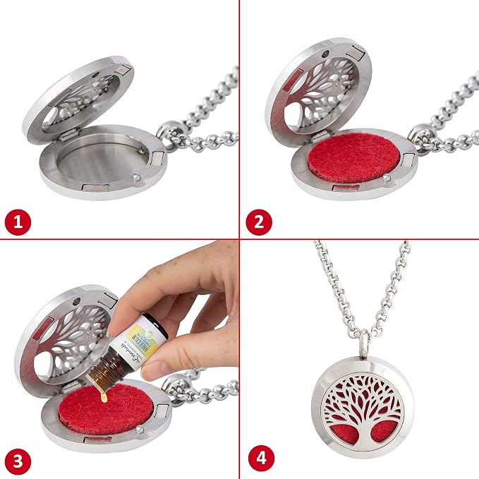 Wild Essentials Tree of Life Essential Oil Diffuser Necklace Gift Set - Includes Aromatherapy Pendant, 24" Stainless Steel Chain, Refill Pads and 10 ml Bottle of Inner Calm 100% Essential Oil