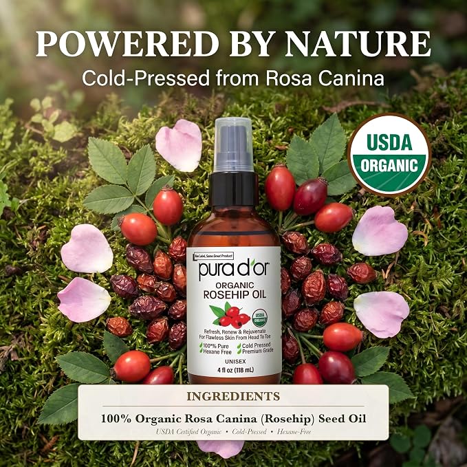 PURA D'OR ORGANIC Rosehip Seed Oil 100% Pure Cold Pressed USDA Certified For Hair, Skin, Scalp, Anti Aging Face & Body - Hexane Free Glass Bottle - 4 Oz - Hair Regrowth Tonic