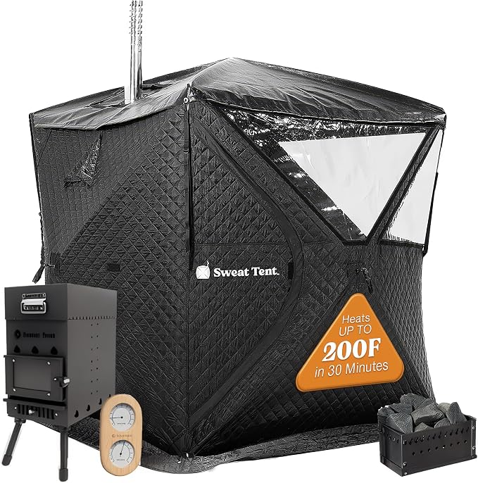 SweatTent Portable Outdoor Sauna (Large) Standard Bundle – Complete Kit with Stove, Sauna Rocks, Basket, Gloves, Fire Poker, Thermometer, Quick Assembly, 6 Adults, Backyard & Camping