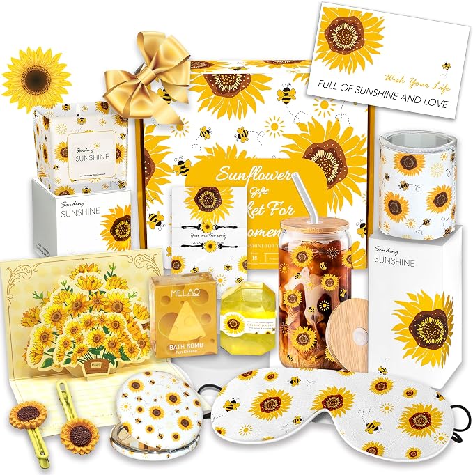 Sunflower Gift Baskets for Women, Sending Sunshine Unique Birthday Cheer Up Self Care Package, Get Well Soon Spa Gifts Set - Thinking of You Gift for Lover, Her, Girls, Women, Sister, Mom