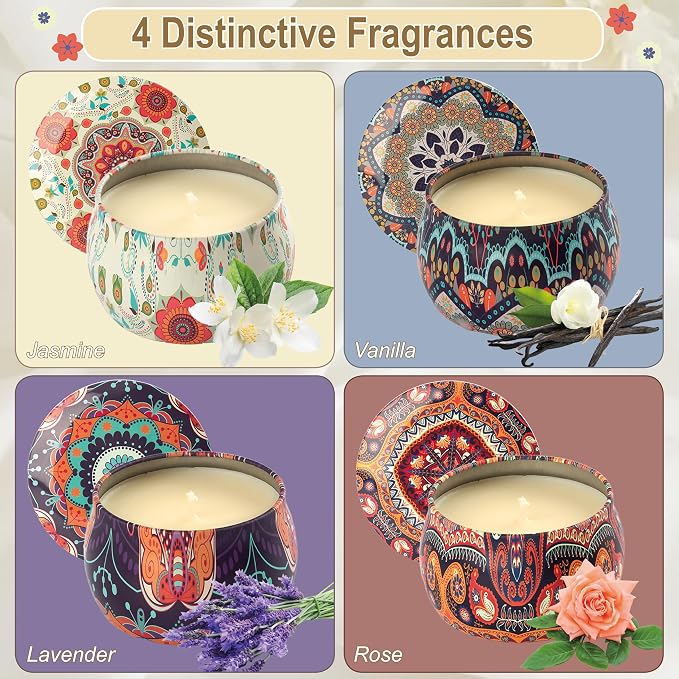 Scented Candles Gift Set - Women Candle Natural Soy Wax Aromatherapy Candle Stress Relief Small Gifts 120H Burning Candles 4 Pack 4.4 Oz for Home Christmas Birthday Mum Teacher Mothers Day
