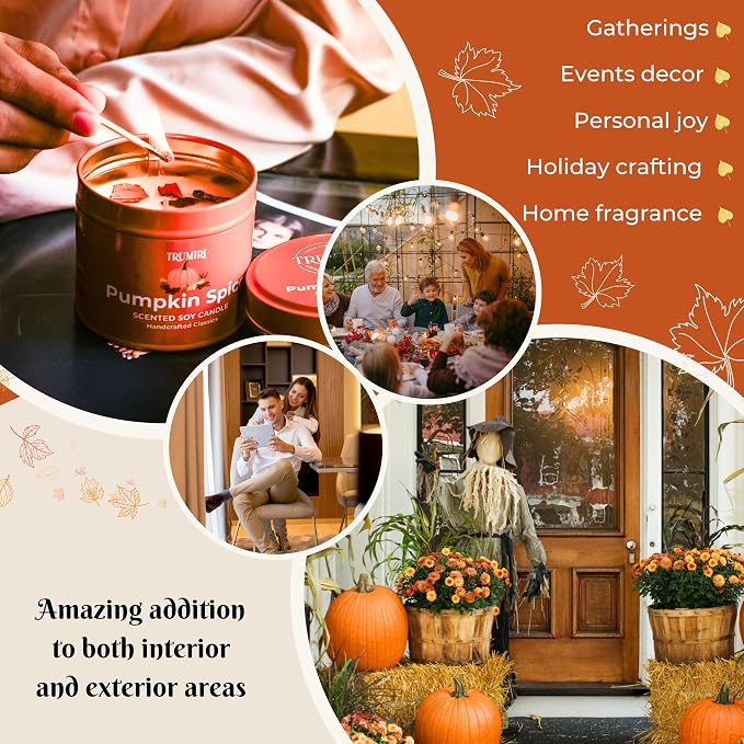 Pumpkin Spice - Cinnamon Soy Candles for Home Scented - for Fall Halloween Thanksgiving Holidays - Pack of 3 x 5oz Natural Clean Non Toxic Long Lasting Highly Scented Candels with Essential Oils