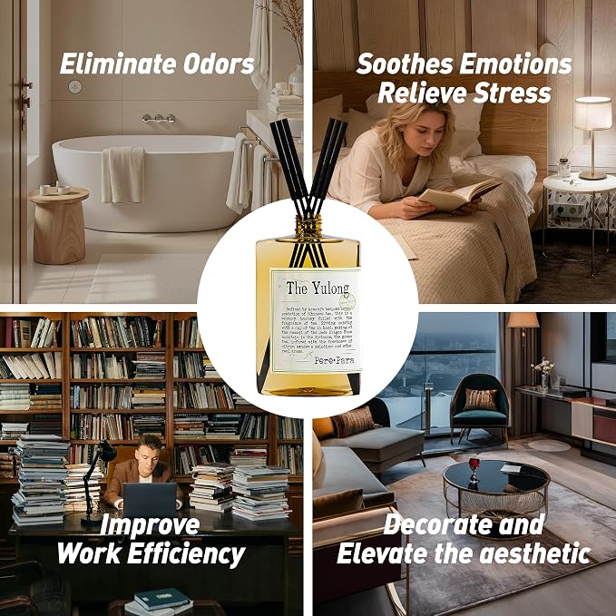 The Yulong Scent Reed Diffuser Refill Set 13.53 fl oz with 6 Sticks, 【Comfortable to Breathe】 Luxury Natural Long Lasting Home Fragrance Oil Air Freshener for Living Room and Office