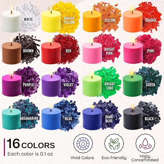 Candle Dye for Soy Wax – 16 Colors Candle Wax Dye for Candle Making - Highly Concentrated Candle Color Dyes for Soy Wax - Premium Candle Wax Color Dye - Candle Dye Chips