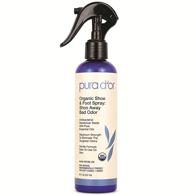 PURA D'OR Organic Shoe & Foot Odor Eliminator Spray (8oz) Deodorizes & Removes Bad Smells with Eucalyptus, Peppermint, Tea Tree, Lemongrass Essential Oil, Maximum Strength (Packaging may vary)