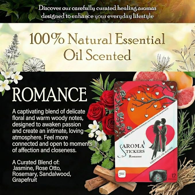AROMA STICKERS® Original Blend Romance - 100% Natural Essential Oil Scented - Aromatherapy Sticker Diffuser for Perosonal Space - Towels & Pillows/Relaxing & Sleeping (Pack of 1, 12 Stickers)