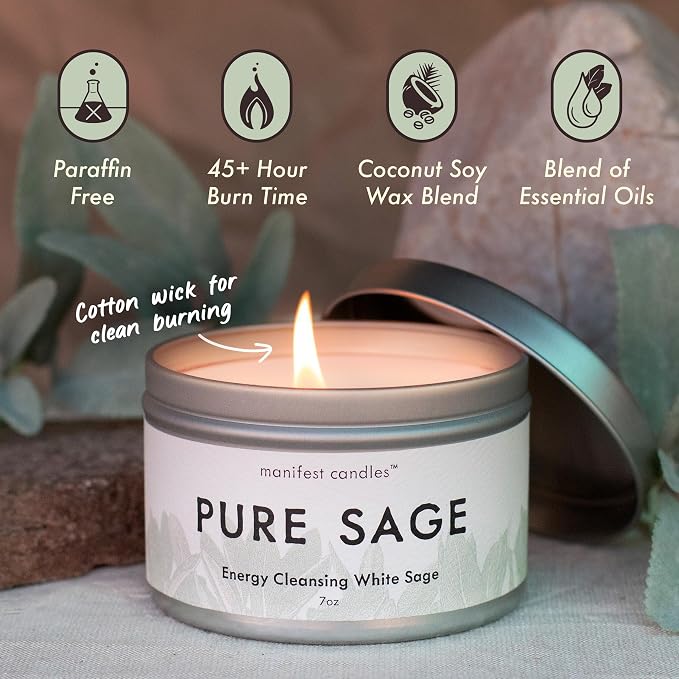 Manifest Candles, White Sage Candles for Cleansing House Negative Energy, 45 Hour Burn, Pure Sage Smudge Candle, Positive Energy Meditation Candle, Aromatherapy Candle, Spiritual Gifts, Healing Sage