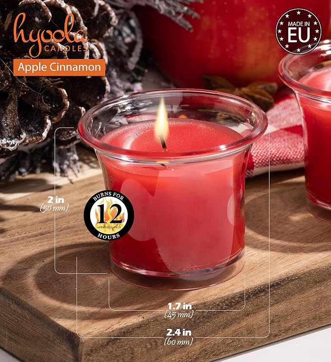 HYOOLA Clear Cup Scented Votive Candles - Apple Cinnamon - 12 Hour Burn Time - 4 Pack - European Made