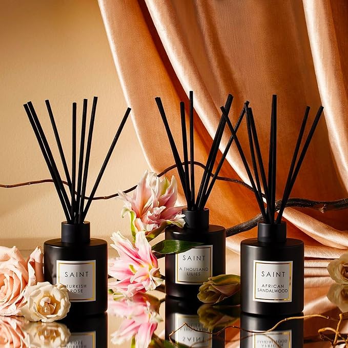 SAINT Reed Diffuser Set with Scent Diffuser Sticks, 5oz, Turkish Rose | Long-Lasting Oil Diffuser in Matte Black Glass Jar, Aroma Diffuser for Home, Bedroom, or Bathroom