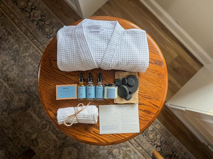 Luxury Spa Gift Set for Women & Men – Complete Self Care Relaxation Box with Cotton Waffle Robe, Eucalyptus Candle, Hot Stones, Essential Oils, Soap & Face Cloth