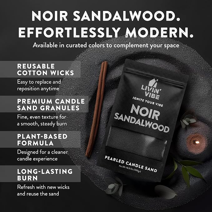 Pearled Candle Sand 10.5 oz (300g) – Noir Sandalwood Scented Candle, Black Color, Relaxing Aromatherapy, Home Decor, Stress Relief, Long-Lasting Burn