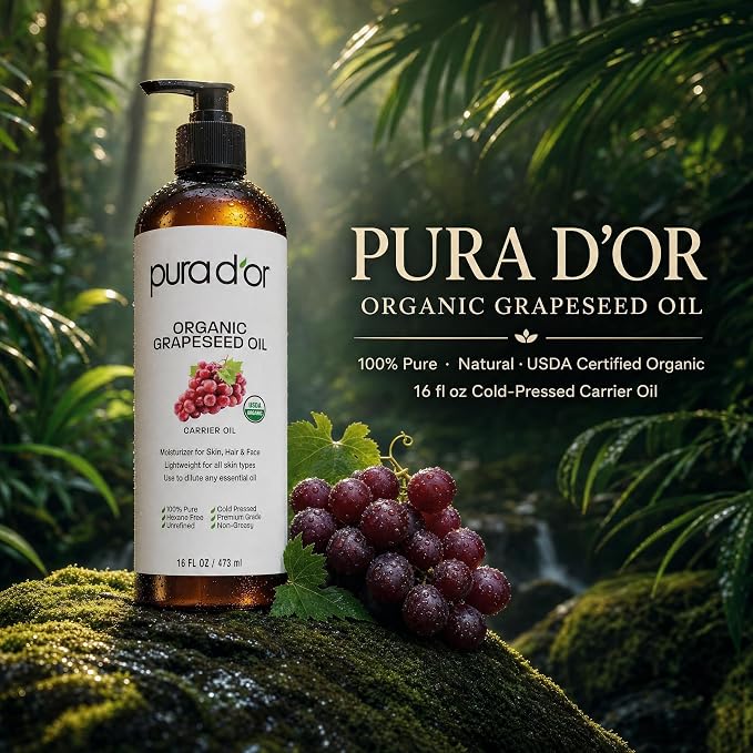 PURA D'OR ORGANIC Grapeseed Oil (16 Oz) 100% Pure & Natural USDA Certified Cold Pressed Carrier Oil For DIY Beauty - Unscented, Hexane Free Liquid Moisturizer - Face Skin & Hair