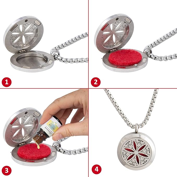 Wild Essentials Flower of Life Essential Oil Diffuser Necklace, Stainless Steel Locket Pendant with 24 inch Chain, 12 Color Refill Pads, Customizable Color Changing Perfume Jewelry for Aromatherapy