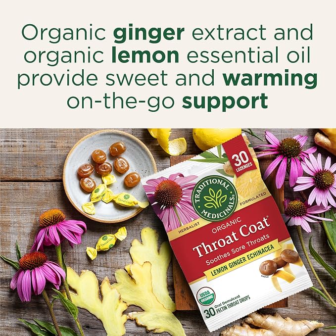 Traditional Medicinals Lozenges, Organic Throat Coat Lemon Ginger Echinacea, Sore Throat Support, 30 Individually Wrapped Lozenges (Pack of 2)