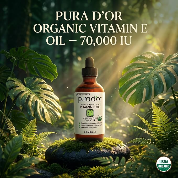 PURA D'OR 4 Oz Organic Vitamin E Oil 70,000 IU, USDA Certified Ayurvedic Skin Care, Face, Body w/Argan, Jojoba, Rosehip, Apricot, Almond & Avocado, Lightweight Moisturizer for Soft, Smooth Skin