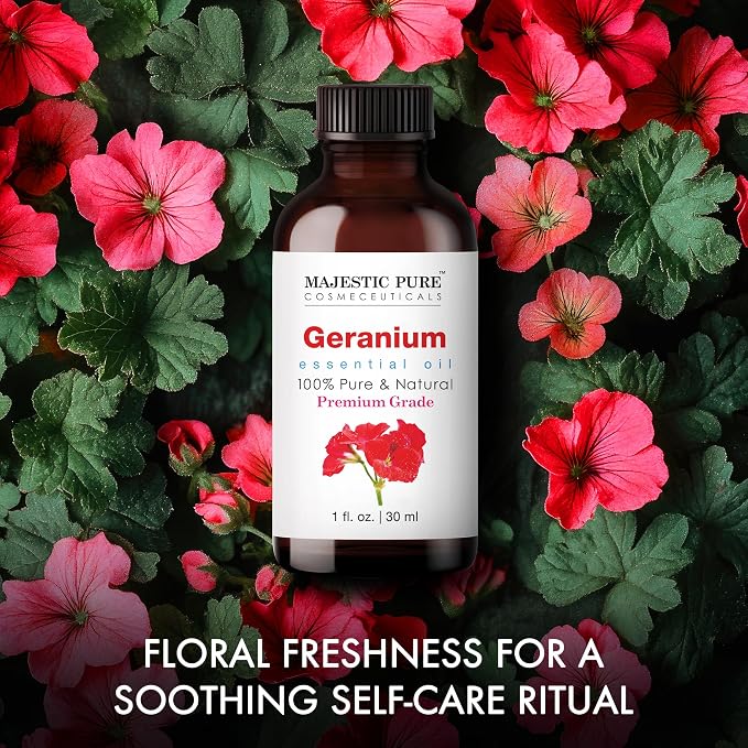 Majestic Pure Essential Oil with Glass Dropper - 100% Pure and Natural - Essential Oils for Diffuser, Aromatherapy, Soap and Candle Making, Geranium Essential Oil, Geranium Oil, 1 Fl Oz