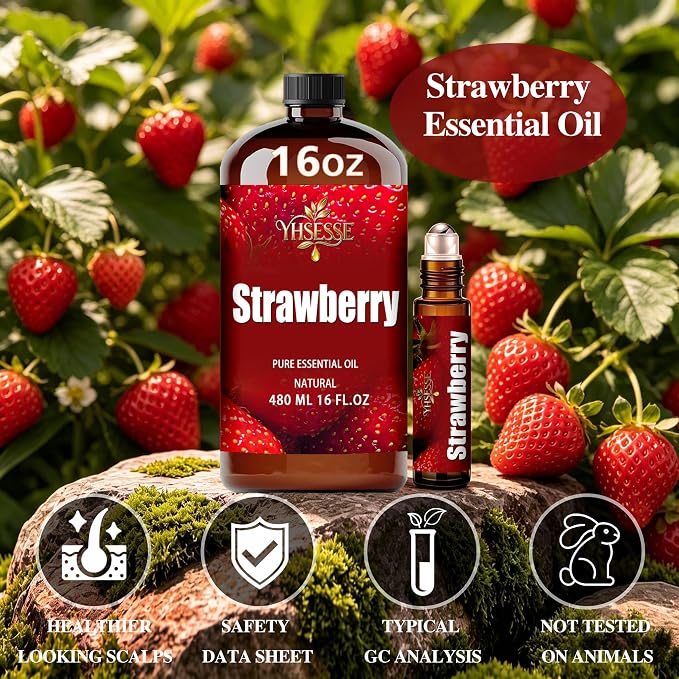 Strawberry Essential Oil, Strawberry Oil 16 Fl Oz 480ml for Diffuser Yoga Soap & Candle Making – with 0.33 Oz Roller Ball & Funnel YHSESSE Essential Oils