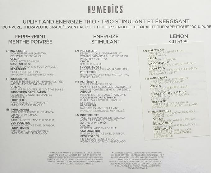 Homedics Essential Oil Set, Uplift and Energize with Lemon Citrol, Peppermint Menthe Poivree, and Energize Stimulant. 3-Pack Essential Oil Kit for Diffusers, 15ml Each