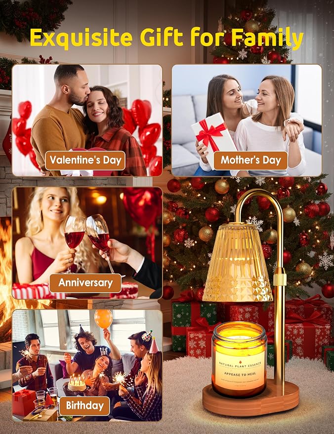 Candle Warmer Lamp with Timer, Dimmable Candle Lamp Warmer, Height Adjustable, Birthday Gifts for Women Mom, Vintage Home Decor for Scented Jar - Golden