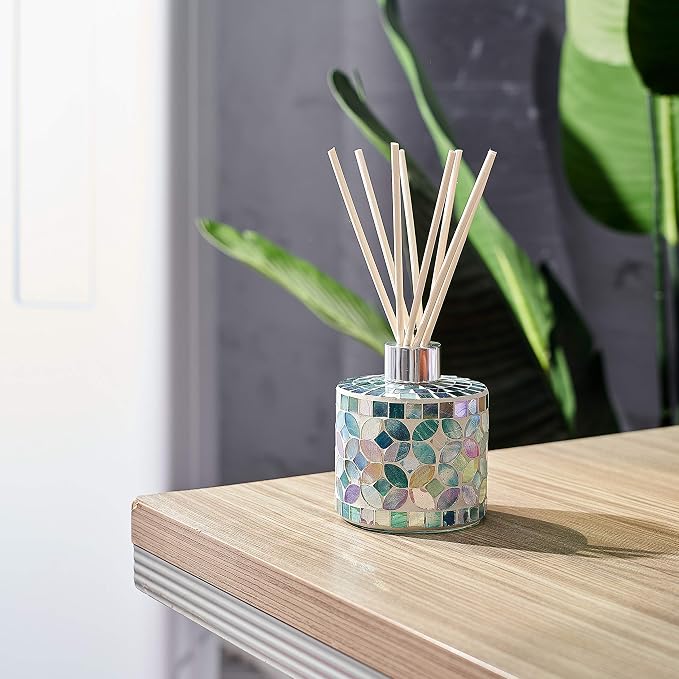 7.3oz Decorative Vertical Mosaic Glass Reed Diffuser Bottle Set with Silver Caps & 16pcs Natural Feed Sticks-Set of 2 - Ideal for Home Fragrance, Bathroom Decoration, Accent (Blue)