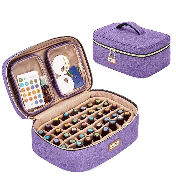 CURMIO Essential Oil Storage Case for 40 Bottles (5ml-30ml), Essential Oils Organizer Case with 2 Detachable Visible Pouches and Portable Handle, Patented Design, Purple (Bag Only)