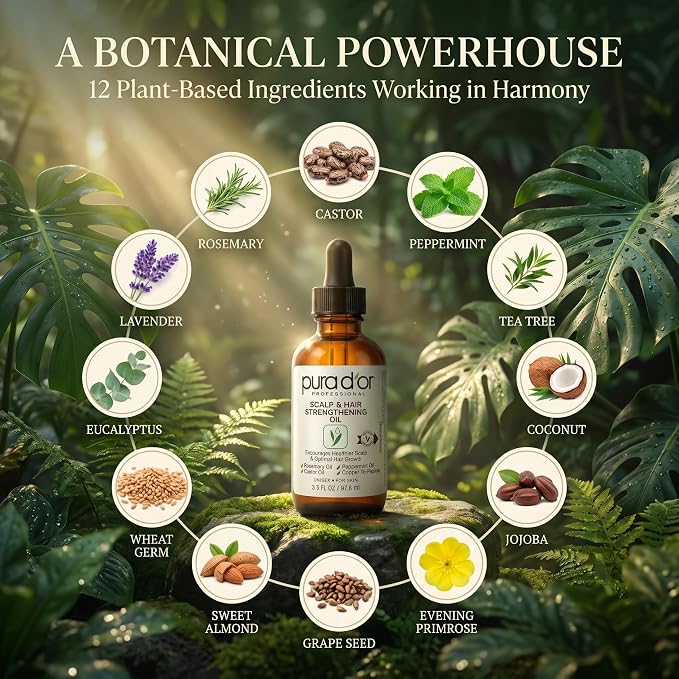 PURA D'OR Scalp & Hair Strengthening Oil Supports Optimal Growth, Reduce Breakage, Nourish Roots for Healthier, Fuller, Thicker Hair - Rosemary, Castor & Peppermint Oil: 3.3 Oz Hair Regrowth Tonic