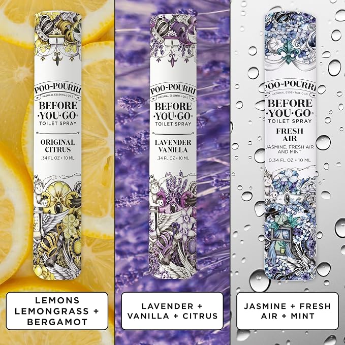 Poo-Pourri Before-You-Go Toilet Spray, Travel Essentials, .34 Fl Oz, In A Pinch Variety 3 Pack, Each Up to 20 Uses, On-The-Go Bathroom Odor Deodorizer with Essential Oils, TSA Approved Size, 3 Scents