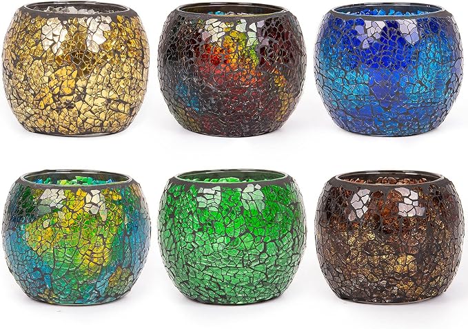 Rancco Glass Votive Candle Holder for Tealight, 6 Set Romantic Stained Mosaic Tealight Candle Holders, Handmade Cracked Aromatherapy Candle Lamp for Valentine, Party, Christmas Table Centerpiece Decor