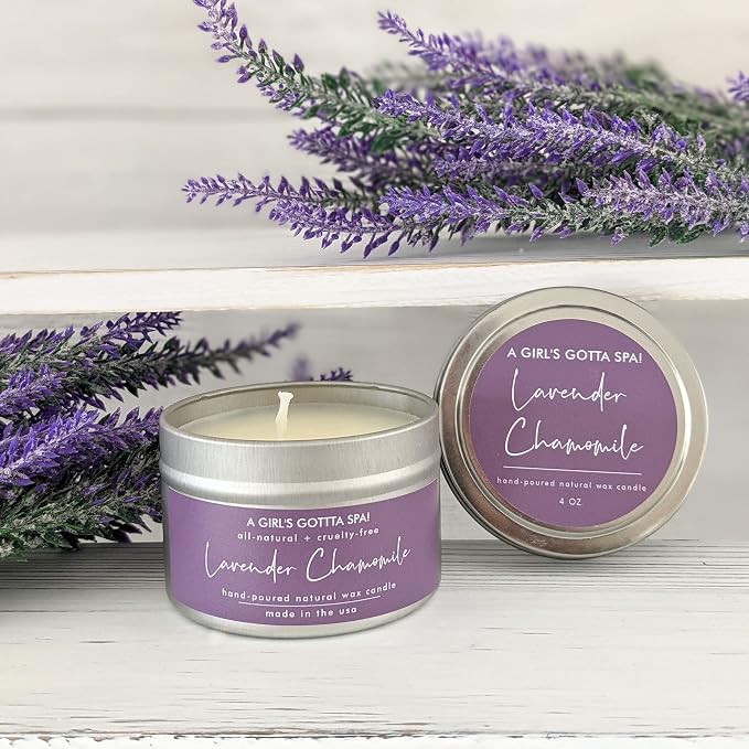 A Girl's Gotta Spa! Lavender Chamomile Soy and Coconut Wax Handpoured Candle with Essential Oils for Aromatherapy and Relaxing 4oz