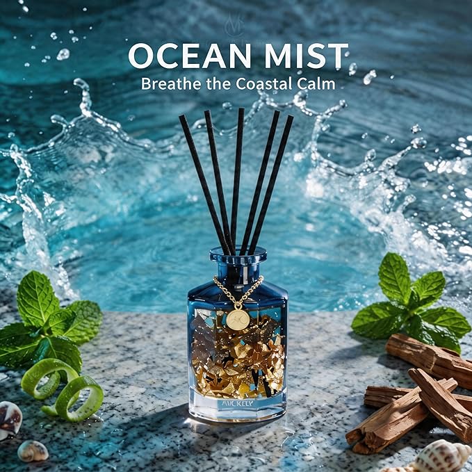 Airkeep Reed Diffuser Set,Ocean Mist Luxury Scented Diffuser with Sticks Long Lasting Home Fragrance for Bathroom Shelf Decor 6.09 fl oz (180ml)
