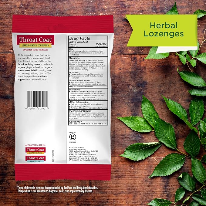 Traditional Medicinals Organic, Throat Coat Lozenges, Lemon Ginger Echinacea - Herbal Cough Drops, Helps Soothe Sore Throat - Non-GMO, Stimulant-Free - 16 Count (Pack of 12)