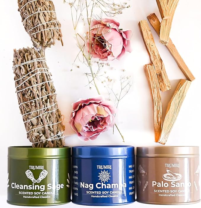 Cleansing Sage, Palo Santo, Nag Champa - Soy Candles Non Toxic - Highly Scented Long Lasting with Essential Oils - Variety Pack of 3 x 5oz - for Home Aromatherapy Meditation Gift Travel