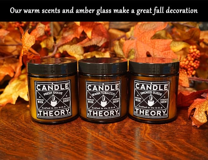 Candle Theory Man Cave Stuff Men 4oz Candles Set of 3, Crackling Woodwick Masculine Scent, Warm Tobacco Cigar, Smoked Suede, Fresh Shave