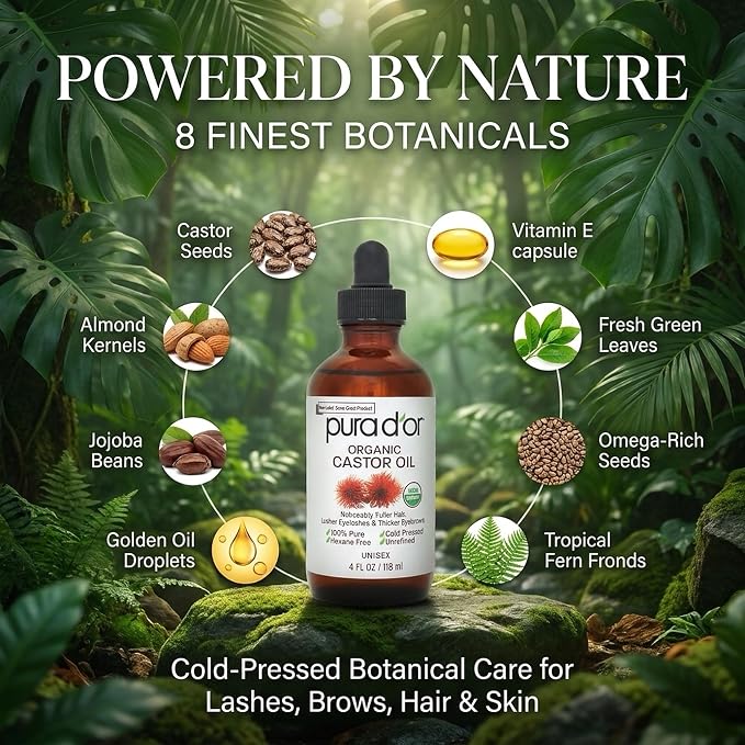 PURA D'OR Organic Castor Oil – Pure Cold-Pressed, Hexane-Free, USDA Certified - Hair, Lashes, Brows, Scalp, Skin: Supporting Softness, Strength, Hydration, Shine & Radiance 4 Oz Hair Regrowth Tonic