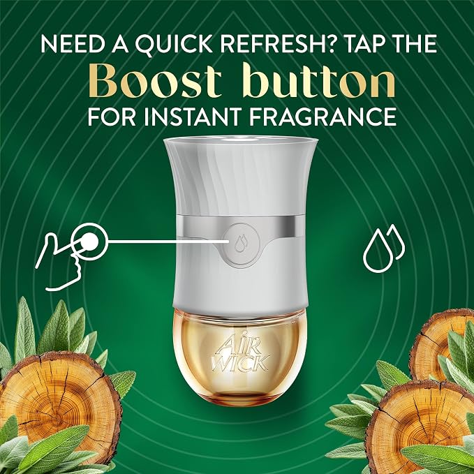 Air Wick Vibrant Plug In Scented Oil Warmer + Refills, Infused with Essential Oils, Plug In Air Fresheners for Home, White Sage & Mahogany, Gadget + 3 ct