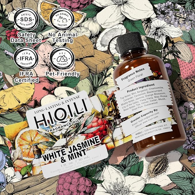 HIQILI White Jasmine & Mint Fragrance Oil for Diffuser, Candle, Soap & Perfume Making, Floral Herbal Scent with Fresh Tea Notes, Long-Lasting Scent - 1 Fl Oz