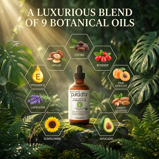 PURA D'OR 4 Oz Organic Vitamin E Oil 70,000 IU, USDA Certified Ayurvedic Skin Care, Face, Body w/Argan, Jojoba, Rosehip, Apricot, Almond & Avocado, Lightweight Moisturizer for Soft, Smooth Skin