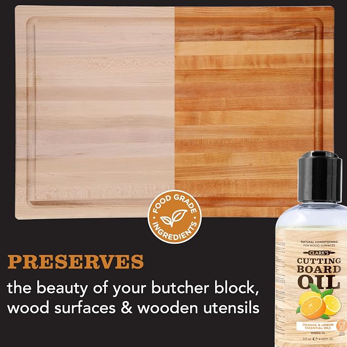 CLARK'S Cutting Board Oil - Food Grade Mineral Oil for Wood Cutting Board - Scented with Orange and Lemon Essential Oils - Butcher Block Conditioner - Restores and Protects Wood - Made in USA, 8oz