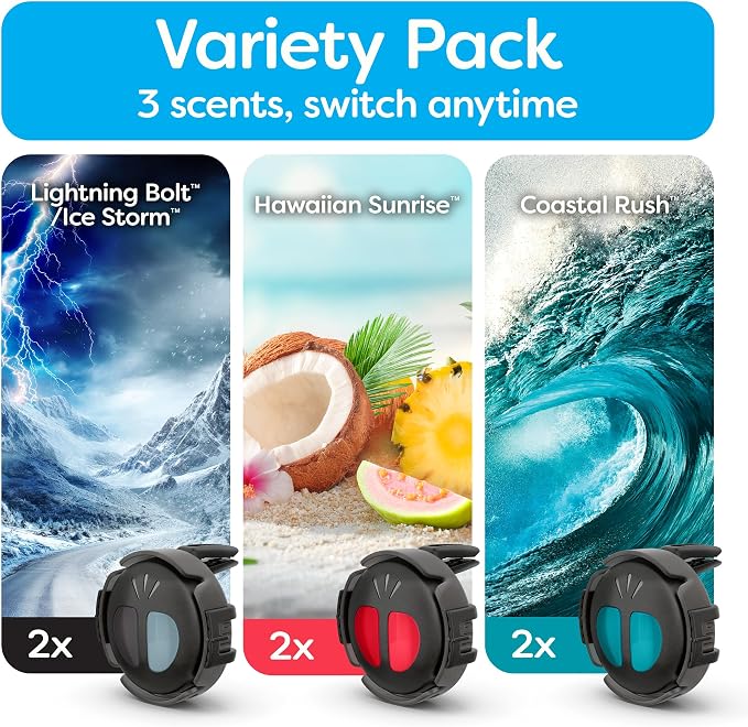 Refresh Your Car Mini Diffuser Car Air Fresheners Variety Pack, Lightning Bolt/Ice Storm, Hawaiian Sunrise, and Coastal Rush Scents, 6 Pack
