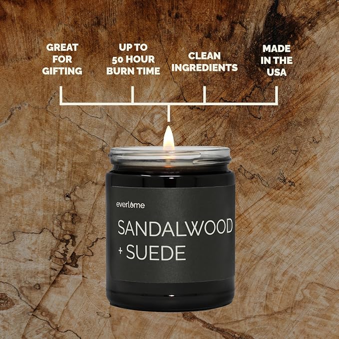 Premium Soy Wax Candle | Highly Scented Black Glass Jar Candles | Long Lasting, Clean Burn | 8 oz | Gifts for Man and Woman | Made in USA (Sandalwood + Suede)