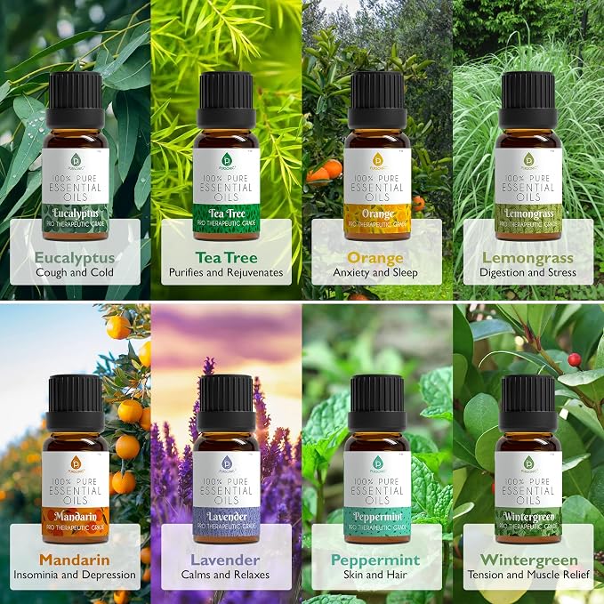Pursonic Essential Oils Set - 8 Aromatherapy Oils Blends Gift Set - 10ml Pure Essential Oils for Diffusers, Home, Massage & Bath(Eucalyptus,Lavender,Lemongrass,Orange,Peppermint,Tea Tree,Wintergreen)