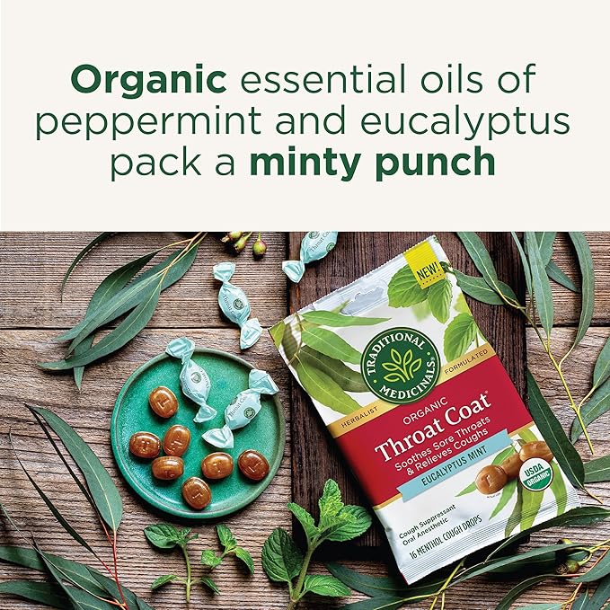 Traditional Medicinals Organic, Throat Coat Lozenges, Eucalyptus Mint with Menthol - Herbal Cough Drops, Helps Soothe Sore Throat & Relieve Cough - Non-GMO, Stimulant-Free - 16 Count