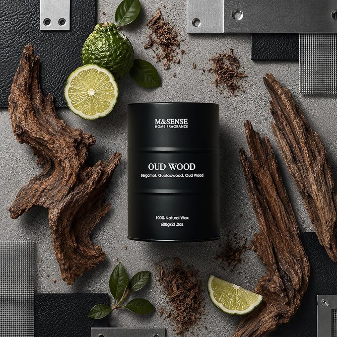 M&SENSE Oud Wood Large Scented Candles Natural Soy Wax, 21.2oz Long Lasting Up to 120 Hours Burning Time, Unique Candle Gifts for Men Women