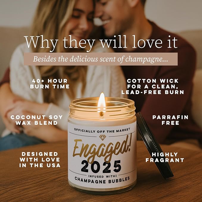 WAX & WIT 2025 Engagement Candles Gifts for Couples - Scented with Champagne Bubbles - Newly Engaged Couples, Bridal Shower, Bride to Be - 9oz, Soy Wax, 50 Hour Burn, Premium Candle
