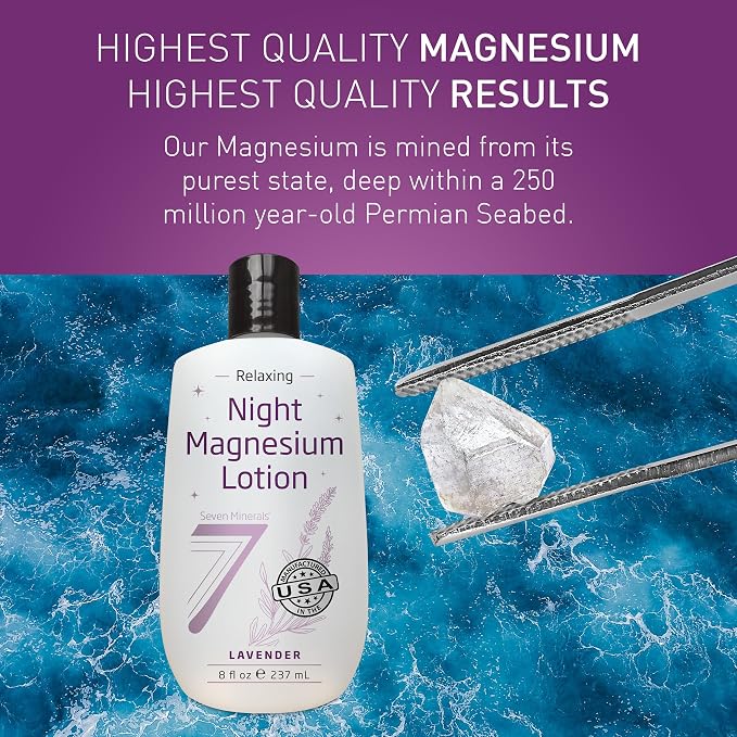 Seven Minerals Magnesium Lotion for Sleep - Lavender Relaxing Night Blend - Highly Concentrated Magnesium for Better Sleep, Body & Mind Relaxation. Non-Greasy Skin Friendly - 8 fl oz