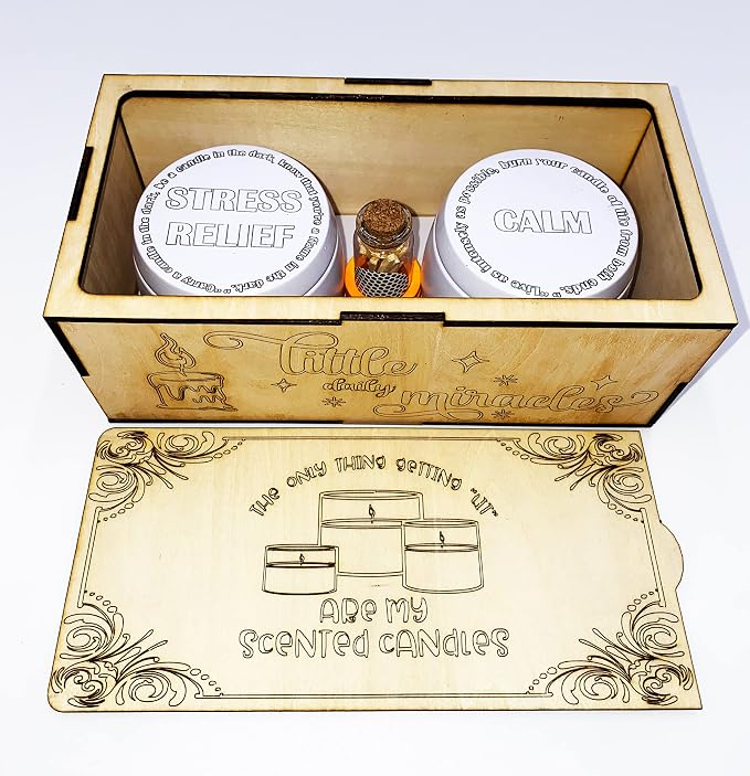 Aromatherapy Scented Candles Set of 2. 4oz Each. Calm and Stress Reliefs Aromatherapy Fragrance. Laser Cut and Engraved Box.