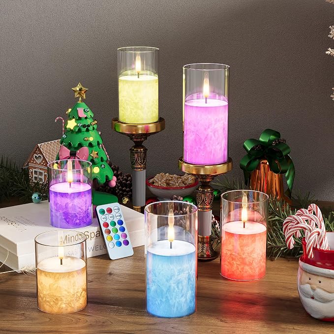 VIODAIM 12Colors Ice Crystal Real Wax Glass Flameless Candles with Remote & Timer, Battery Operated Candles with Warm Flickering Flame, Realistic LED Candle for Wedding Home Decor [D3×H4/5"/6"] 3Pack