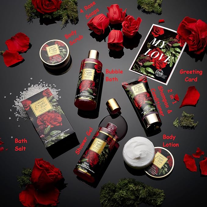 Mothers Day Gifts from Daughter and Son, Spa Bath and Body Gift Set, Exotic Rose Gift Basket for Women & Men, Thank You, Birthday, Mom, Personalized Gifts with Body Scrub, Bubble Bath, Lotion & More