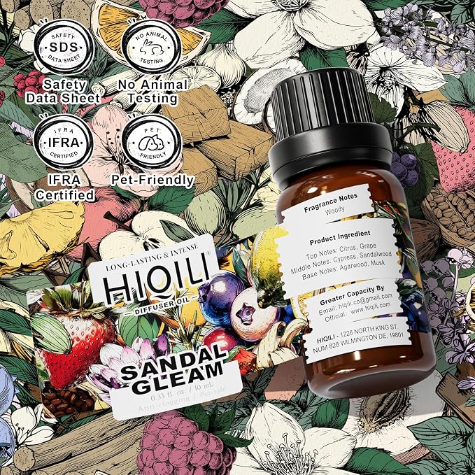 HIQILI Sandal Gleam Diffuser Oil for Ultrasonic Diffusers & Humidifiers, Water Soluble Fragrance Oil, Relaxing Aromatherapy, Long-Lasting Home Air Freshener - 0.34 Fl Oz