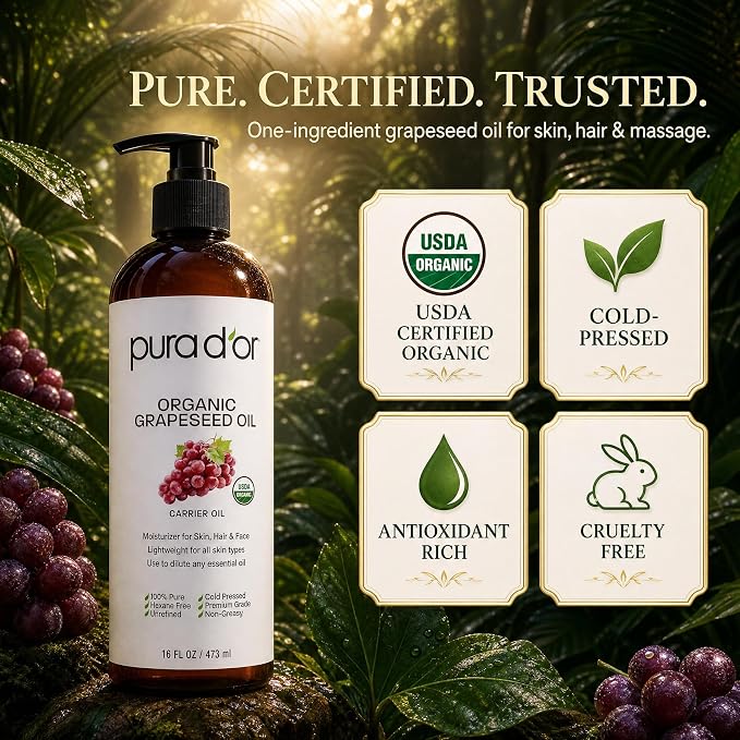 PURA D'OR ORGANIC Grapeseed Oil (16 Oz) 100% Pure & Natural USDA Certified Cold Pressed Carrier Oil For DIY Beauty - Unscented, Hexane Free Liquid Moisturizer - Face Skin & Hair